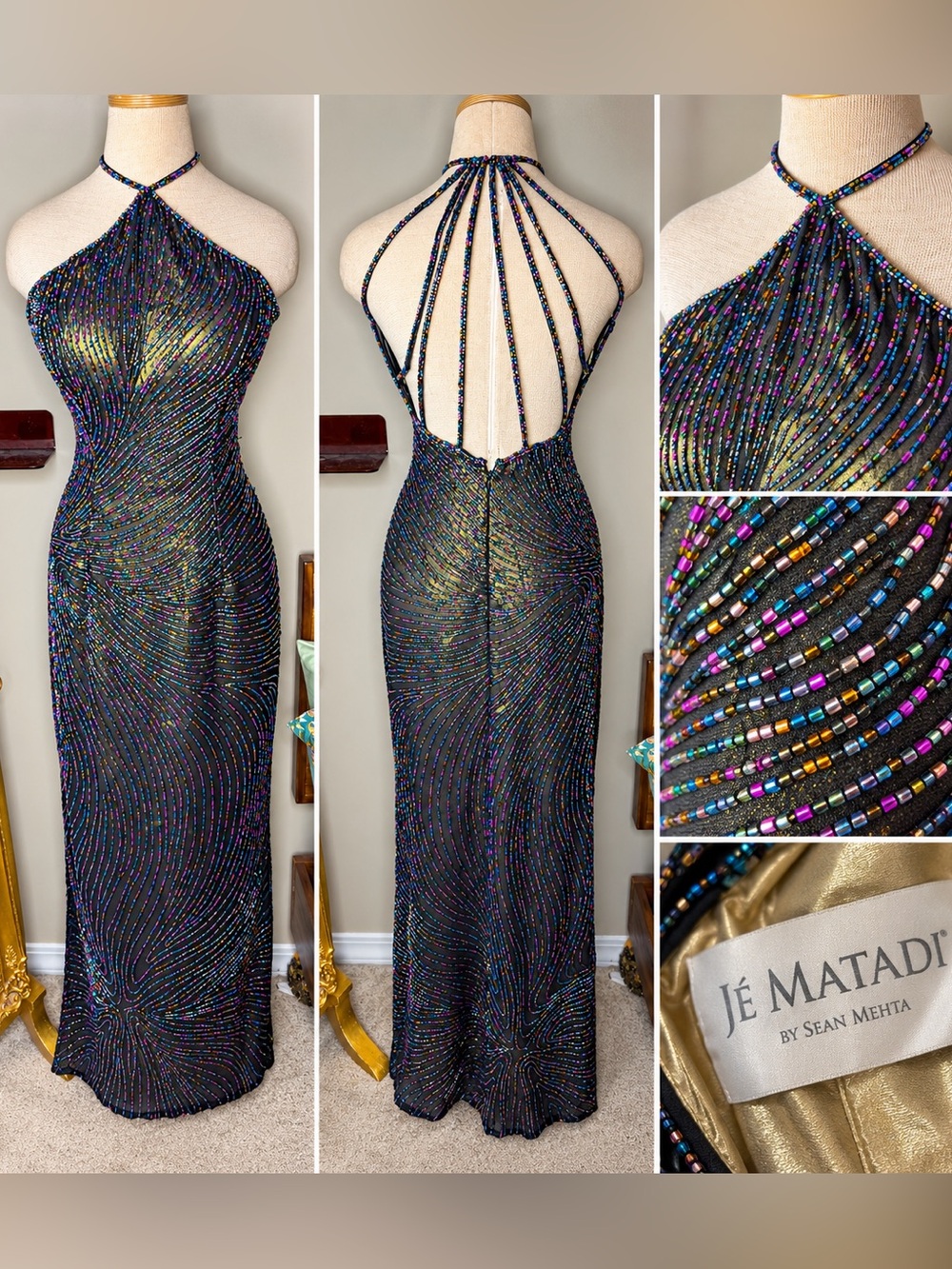 Vintage Jé Matadi by Sean Mehta Fully Beaded Open Back Halter Gown Beaded Dress